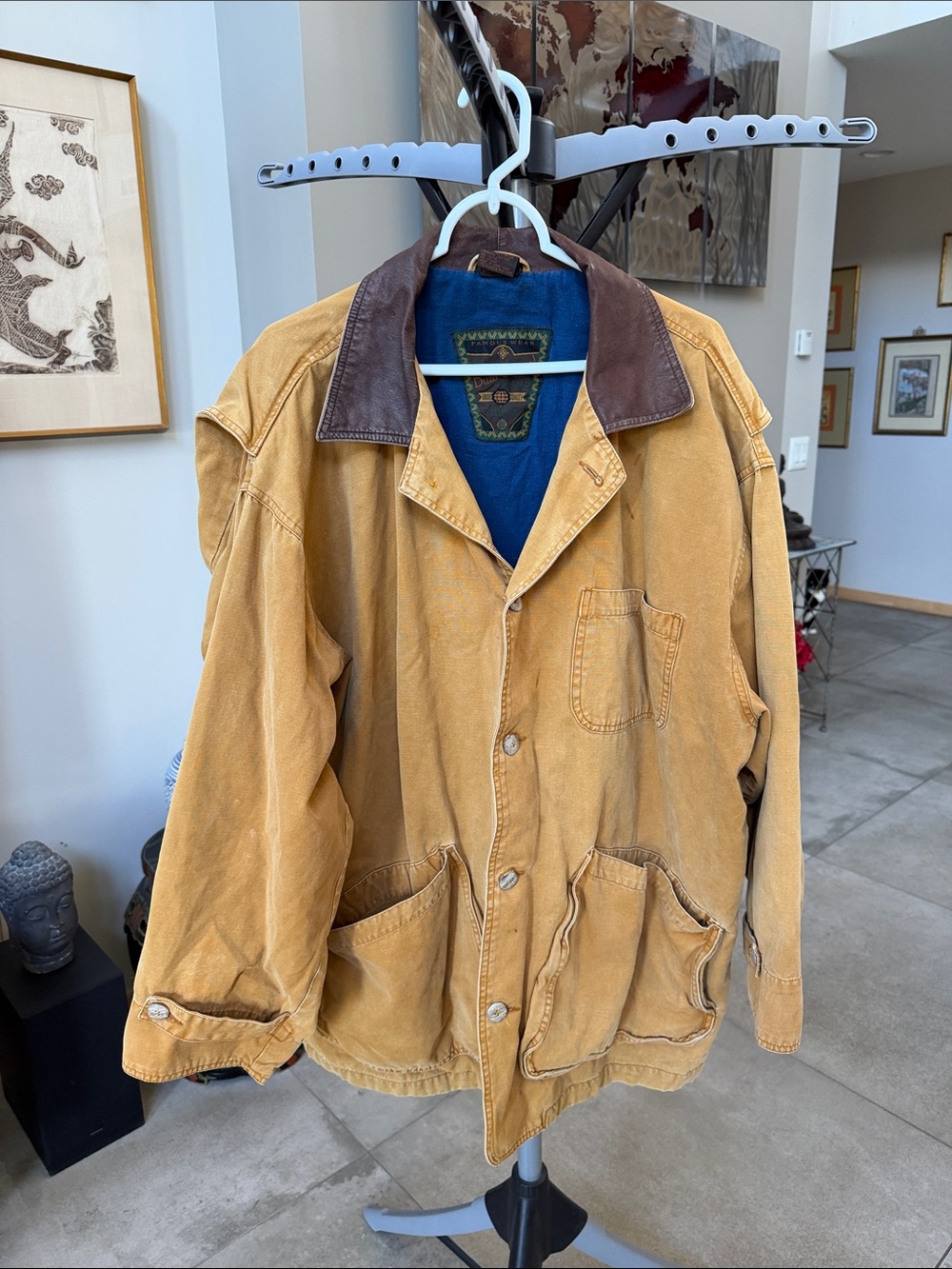 Famous Wear Dual Control Tan Cotton Jacket with Brown Leather Collar